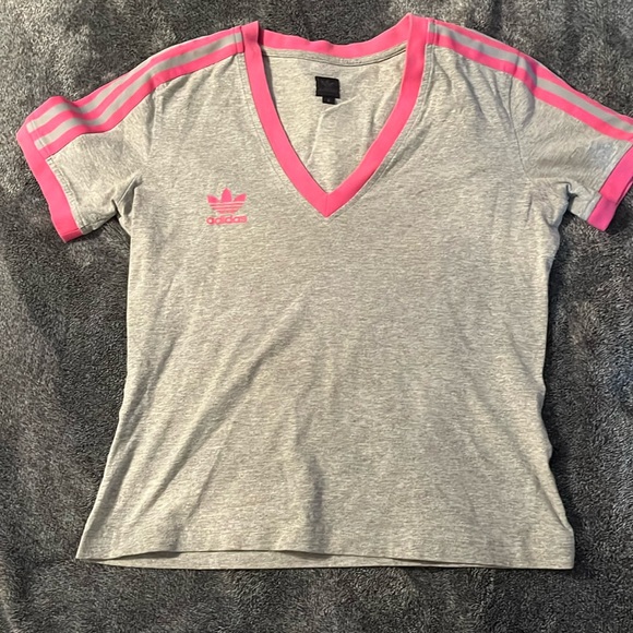 Y2K adidas stripe tee grey and pink circa 2004 size women’s medium - Picture 1 of 7
